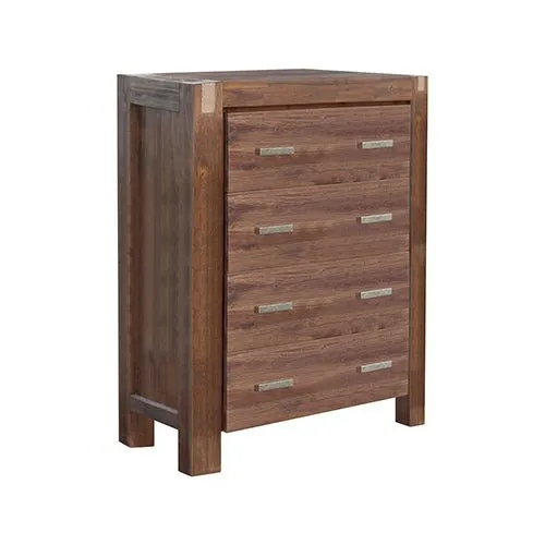 5 Pieces Bedroom Suite in Solid Wood Veneered Acacia Construction Timber Slat Queen Size Chocolate Colour Bed, Bedside Table , Tallboy & Dresser