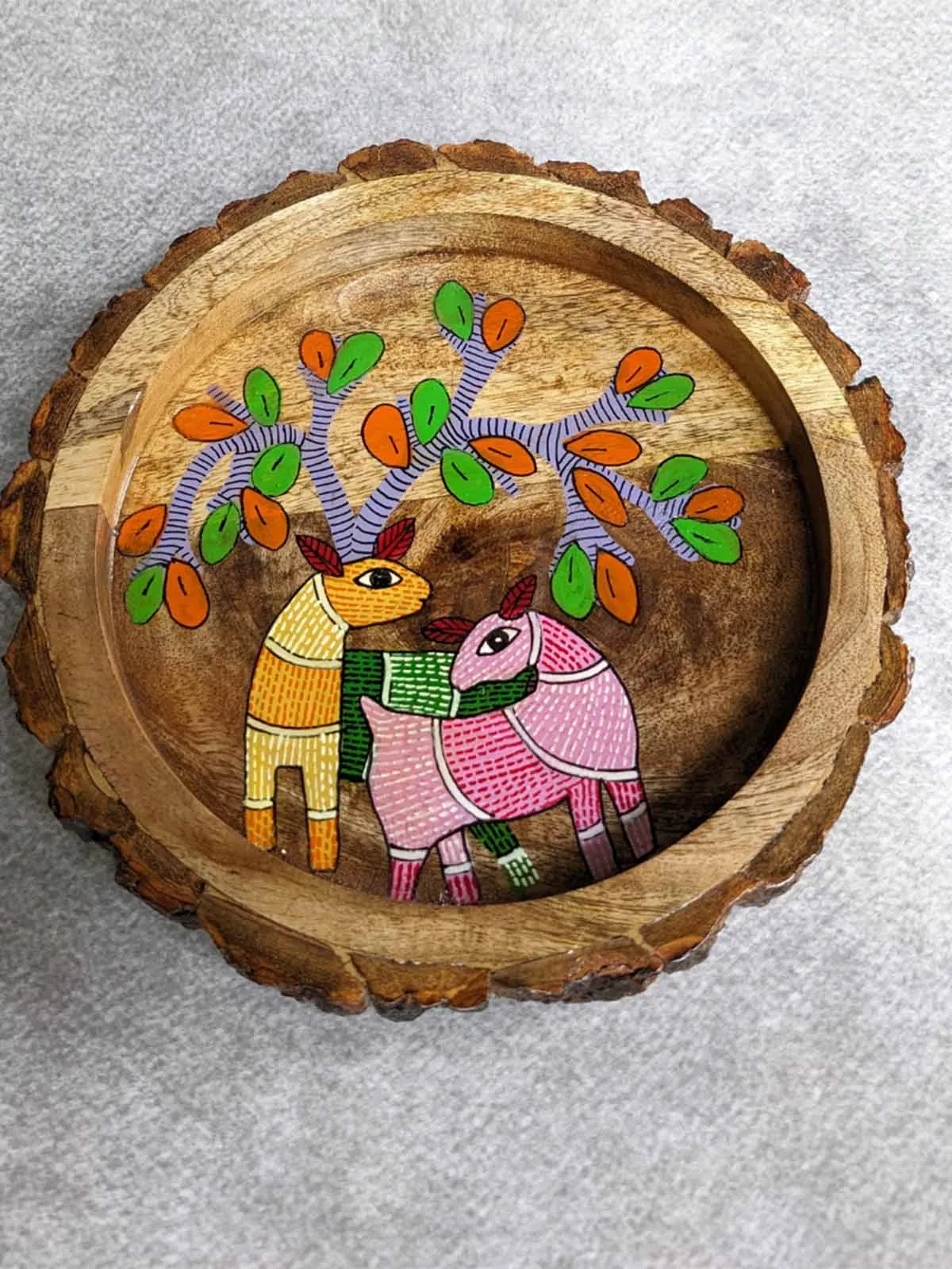 Bark Edged Gond Tray Antlers Motif