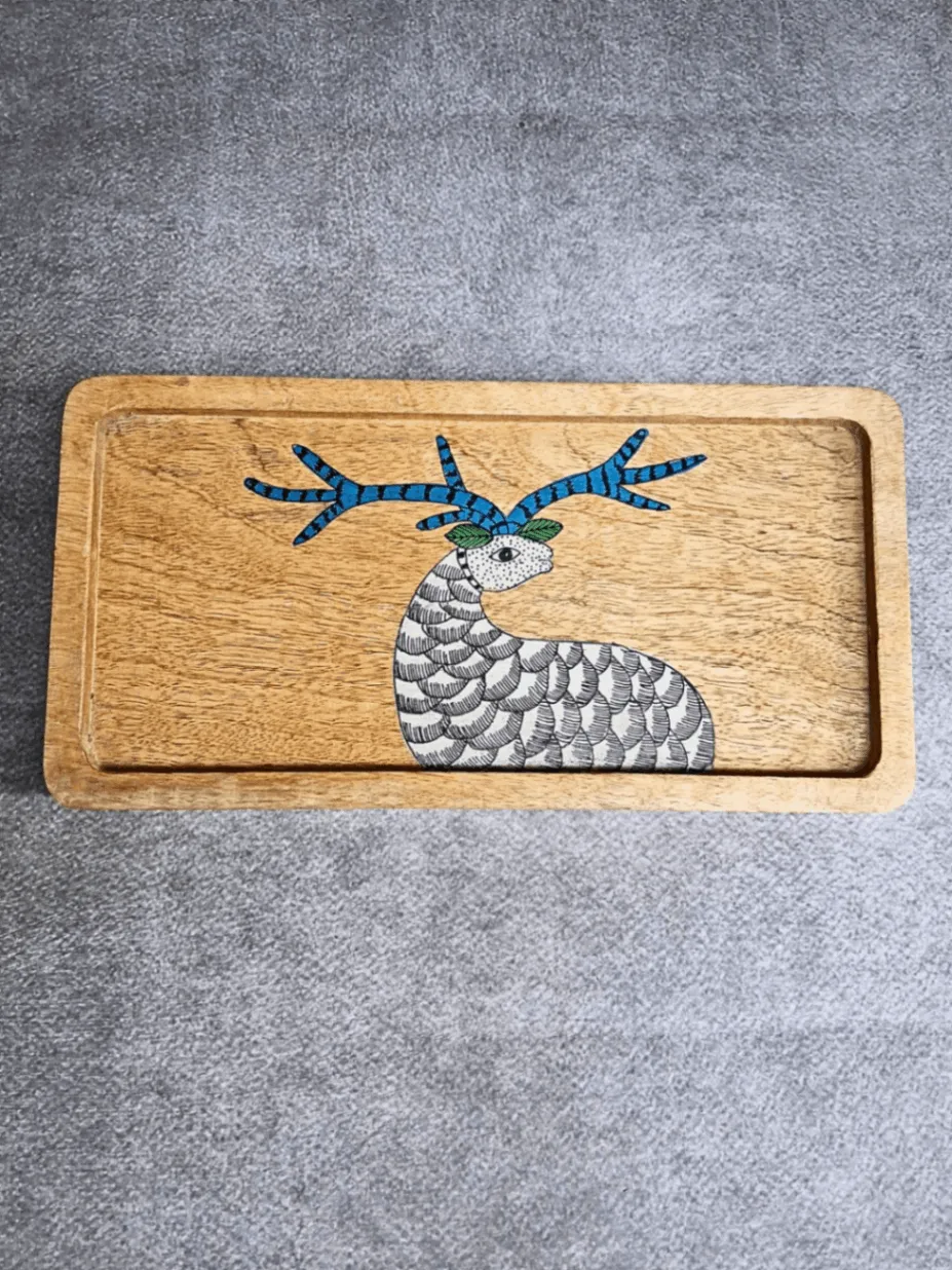 Gond Tray Blue Antler Motif