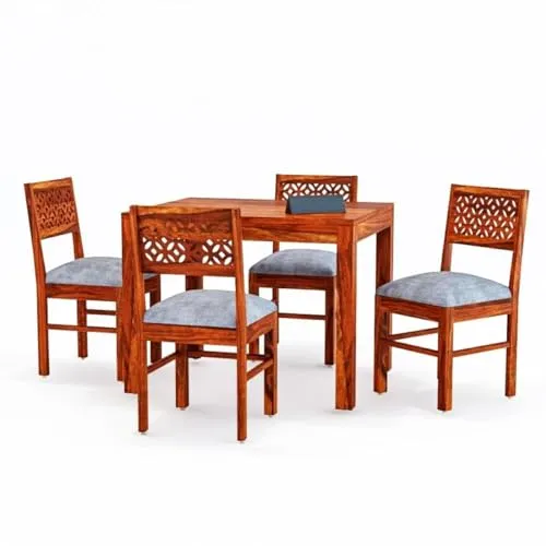LIMBA DECOR Sheesham Wood 4 Seater Dining Table with 4 Cushion Chairs | Wooden Dining Room Set Dinner Table Furniture for Living Room Home Restaurant - Honey Finish