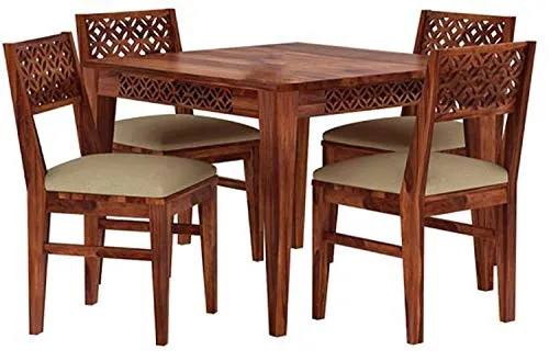 LYCAWOOD Sheesham Wood CNC 4 Seater Dining Table with 4 Cushion Chairs | Wooden Dining Room Set Dinner Table Furniture for Living Room Home Restaurant - Honey Finish